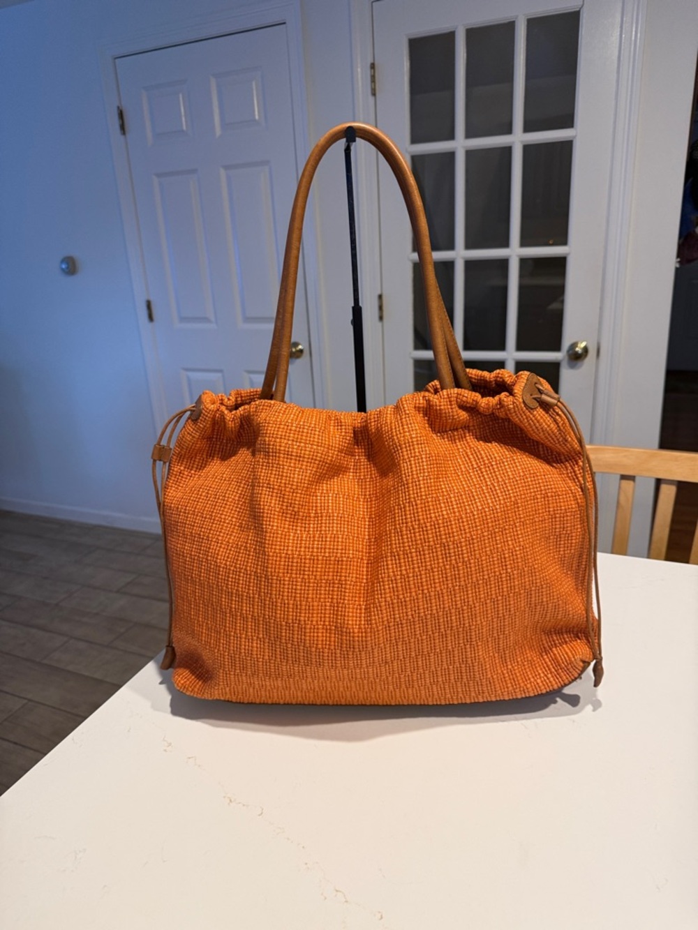 Furla Orange Textured Shoulder Tote with Tan Handles